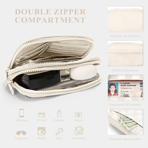 Hibear Checkered Wristlet Wallets For Women With ID Window Small Nylon Crossbody Bum Bag Cute Wristlet Purse With 4 Zippers