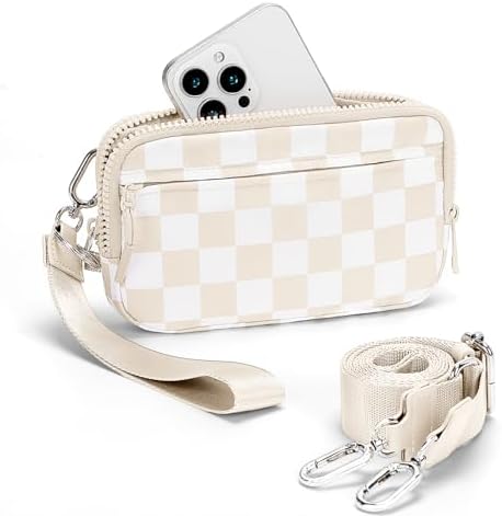 hibear Checkered Wristlet Wallets for Women with ID Window Small Nylon Crossbody Bum Bag Cute Wristlet Purse with 4 Zippers
