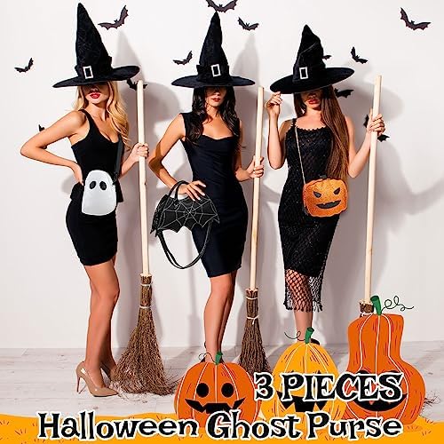 Hillban 3 Pcs Halloween PU Leather Bat Wing Spider Web Shoulder Bag Pumpkin Crossbody Bags Ghost Purse