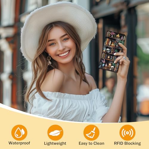 Immaturus Womens Wallet Goth Skull Bookshelf Slim Thin RFID Blocking Credit Card Wallets Long Bifold PU Leather Card Holder Organizer Cash Clutch Billfold With Zipper Coin Pocket Ladies Girls Gift