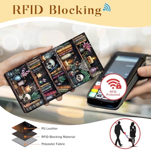 Immaturus Womens Wallet Goth Skull Bookshelf Slim Thin RFID Blocking Credit Card Wallets Long Bifold PU Leather Card Holder Organizer Cash Clutch Billfold With Zipper Coin Pocket Ladies Girls Gift