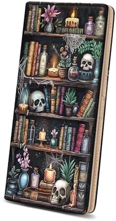 Immaturus Womens Wallet Goth Skull Bookshelf Slim Thin RFID Blocking Credit Card Wallets Long Bifold PU Leather Card Holder Organizer Cash Clutch Billfold with Zipper Coin Pocket Ladies Girls Gift