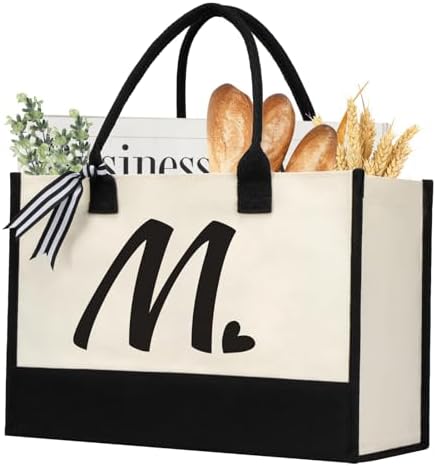 Initial Canvas Tote Bag Personalized Beach Jute Bag Present for Women Holiday Friends Birthday Gift Wedding New Year