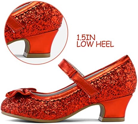 K KomForme Girl's Dress Shoes Mary Jane Glitter 1.5 In Low Heel Wedding Party Princess Shoes For Toddler/Little/Big Kids