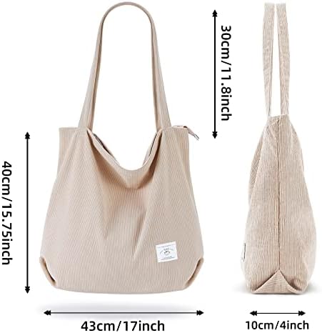 KALIDI Women Corduroy Tote Bag Zipper Casual Tote's Handbag Big Capacity Shoulder Bag With Pockets