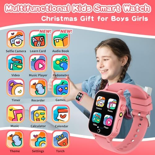 Kids Smart Watches Girls Age 6-12 26 Games Touchscreen Kids Watch With Video Camera Music Player Learning Cards Audiostory Flashlight 12/24 Hr Educational Toys Birthday Gifts For Girls Ages 6 7 8