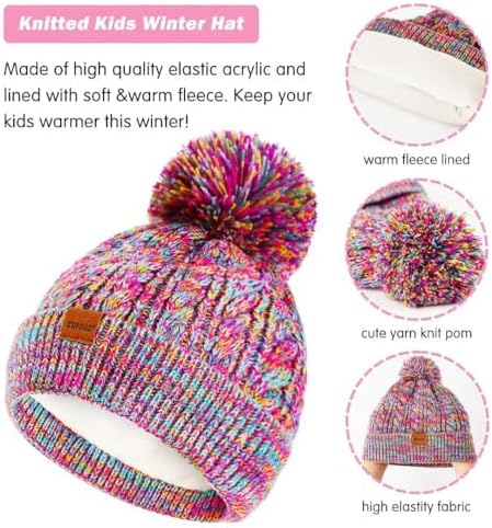 Kids Winter Hat Gloves Scarf Set Girls Toddler Children Hats Beanie With Pom Knit Neck Warmer Gaiter Mittens Fleece Lined Set