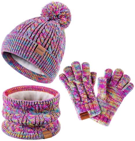 Kids Winter Hat Gloves Scarf Set Girls Toddler Children Hats Beanie with Pom Knit Neck Warmer Gaiter Mittens Fleece Lined Set