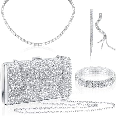 Kigeli 4 Pieces Women Rhinestone Evening Clutch Bag Bling Earring Necklace Bracelet for Wedding Formal