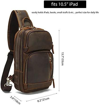 LANNSYNE Full Grain Leather Sling Bag For Men Crossbody Chest Daypack Fits 10.5" IPad