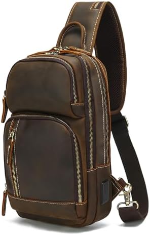 LANNSYNE Full Grain Leather Sling Bag For Men Crossbody Chest Daypack fits 10.5" iPad