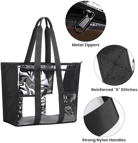 Large Clear Bag Tote For Work Concerts Stadium Approved Heavy Duty Transparent See Through Purse With Mesh Pockets
