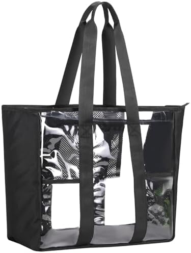 Large Clear Bag Tote for Work Concerts Stadium approved Heavy duty Transparent See Through Purse with mesh pockets