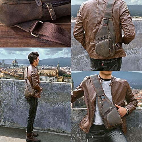 Le'aokuu Men Fashion Casual Tea Designer Travel Hiking Crossbody Chest Sling Bag Rig One Shoulder Strap Bag Men Leather 8015
