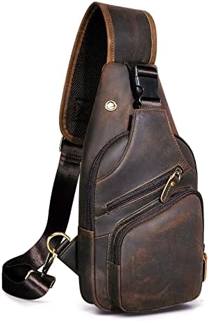 Le'aokuu Men Fashion Casual Tea Designer Travel Hiking Crossbody Chest Sling Bag Rig One Shoulder Strap Bag Men Leather 8015