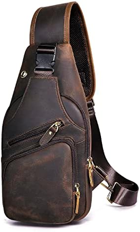 Le'aokuu Men Fashion Casual Tea Designer Travel Hiking Crossbody Chest Sling Bag Rig One Shoulder Strap Bag Men Leather 8015