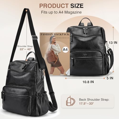 Marvolia PU Leather Backpack Purse For Women Large Fashion Designer Travel Backpack Ladies Shoulder Bag - Black