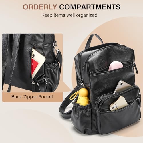 Marvolia PU Leather Backpack Purse For Women Large Fashion Designer Travel Backpack Ladies Shoulder Bag - Black