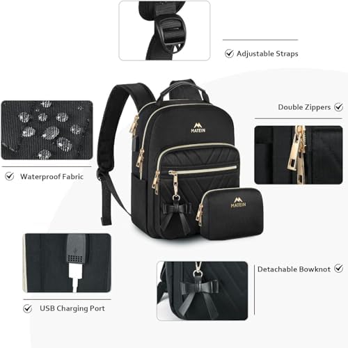MATEIN Mini Backpack For Women Waterproof Stylish Daypack Purse Shoulder Bag With USB Charging Port Lightweight Small Casual Daily Travel Backpack Lady Girls Gifts For Work School 2pcs Sets Black