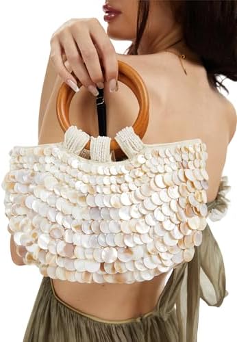 Miuco Shell Purse For Women Handmade Seashell Beaded Clutch Beach Wooden Top Handle Bag