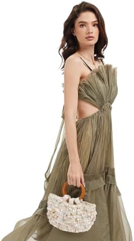 Miuco Shell Purse For Women Handmade Seashell Beaded Clutch Beach Wooden Top Handle Bag