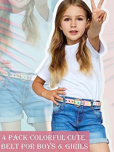 Newcotte 4 Pcs Girls Belt Size 6-12 Kids PU Leather Waist Belt Hollow Heart Design Metal Buckle For Girl Dress Pants Jeans
