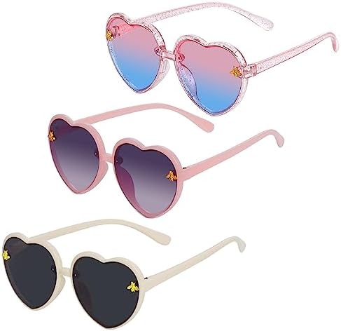 Obmwang 3 Pieces Kids Heart Shaped Sunglasses Stylish Cute Bee Sunglasses For Toddler Girls Age 3-10 Outdoor Beach Eyewear