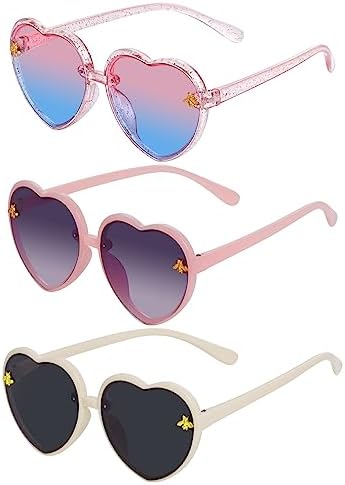 obmwang 3 Pieces Kids Heart Shaped Sunglasses Stylish Cute Bee Sunglasses for Toddler Girls Age 3-10 Outdoor Beach Eyewear