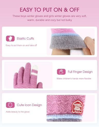 ORVINNER Kids Winter Gloves For Boys Girls 3 Pairs Children Warm Wool Lined Gloves Toddler Thermal Knitted Mittens