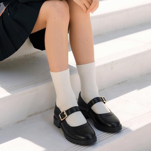 PANDANINJIA Girls Mary Jane School Dress Shoes For Little Big Kid Uniform Chunky Heel Closed Round Toe Flats