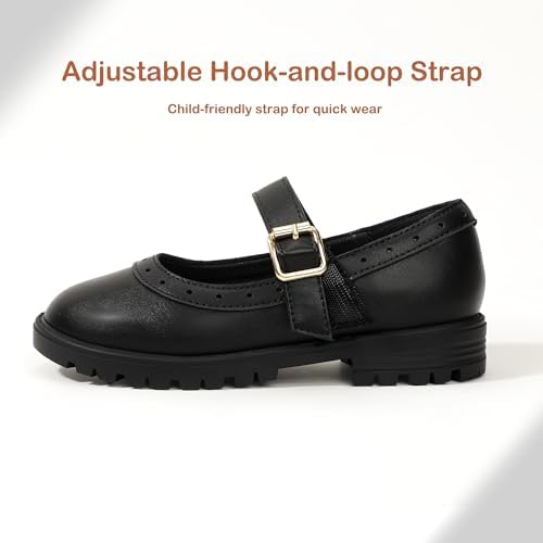 PANDANINJIA Girls Mary Jane School Dress Shoes For Little Big Kid Uniform Chunky Heel Closed Round Toe Flats