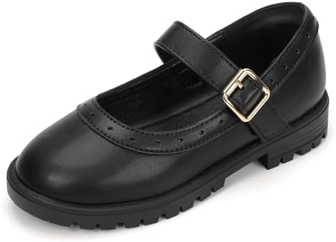 PANDANINJIA Girls Mary Jane School Dress Shoes for Little Big Kid Uniform Chunky Heel Closed Round Toe Flats