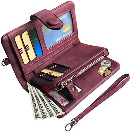 PofeeXIO Womens Small Bifold Leather Wallets RFID Ladies Wristlet With Card Slots Id Window Zipper Coin Purse