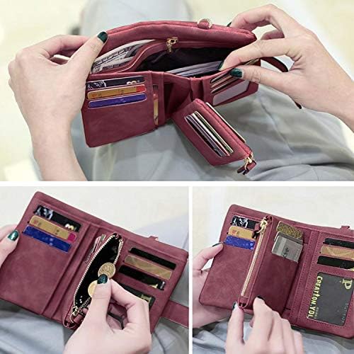 PofeeXIO Womens Small Bifold Leather Wallets RFID Ladies Wristlet With Card Slots Id Window Zipper Coin Purse
