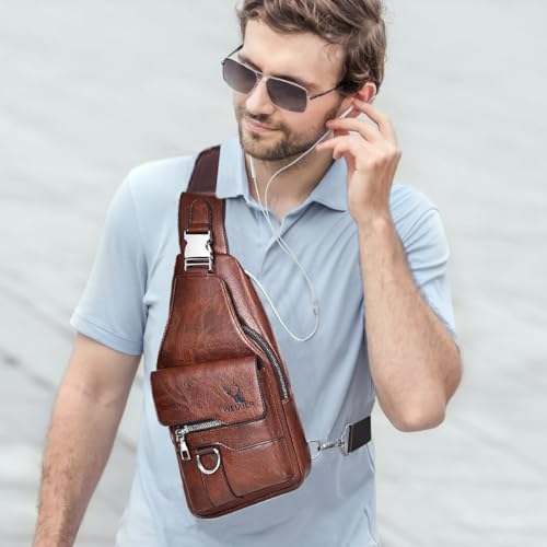 PU Leather Sling Bag For Men - Waterproof Lightweight Crossbody Chest Bag For Hiking & Cycling