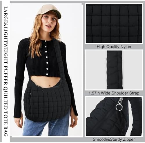 Quilted Puffer Tote Bag Purse Puffy Crossbody Shoulder Bag Lightweight Nylon Hobo Bag Puffer Carryall Bag For Women Girl