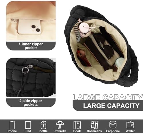 Quilted Puffer Tote Bag Purse Puffy Crossbody Shoulder Bag Lightweight Nylon Hobo Bag Puffer Carryall Bag For Women Girl