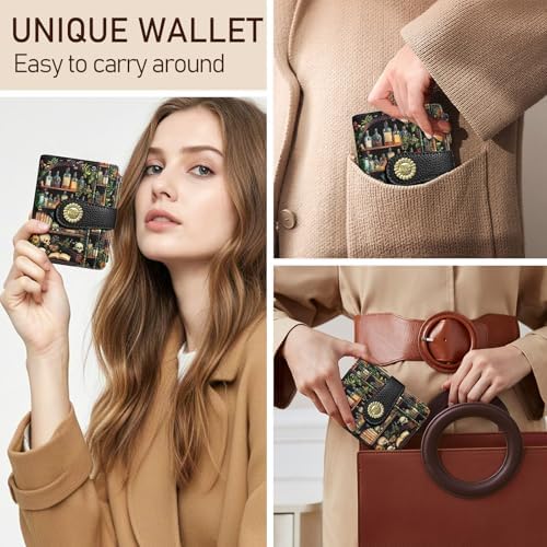 小号 Rfid 女式钱包双折拉链零钱袋 PU 皮革紧凑现金信用卡包旅行钱包适合女士青少年女孩 1 个证件插袋10个卡槽 书架骷髅 休闲