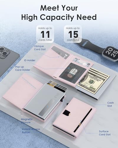 RFID Wallet Women - Small Slim Trifold Wallet Anti-Theft Pop Up Card Holder Minimalist Ultra Thin Front Pocket Premium Leather 9-11 Cards Capacity ID Window Cash Slot