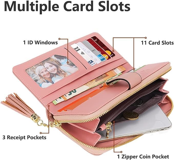 RFID Wallets For Women With Multiple Card Slots And Cellphone Compartment Womens Wallet (pink/white/grey)