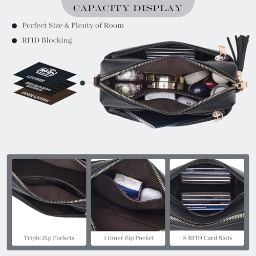 Roulens Triple Zip Small Crossbody Bag For Women Wide Strap Cell Phone Purse Shoulder Handbag Wallet With Credit Card Slots