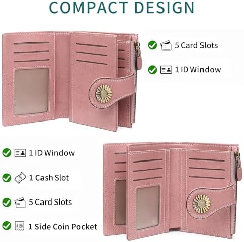 SENDEFN Small Womens Wallet Leather Bifold Card Holder RFID Blocking With Zipper Coin Pocket