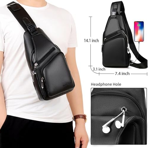 Seoky Rop Men Leather Sling Bag Purse Waterproof Crossbody Chest Bag Sling Backpack With USB Charging Port One Shoulder Bag Black