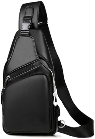 Seoky Rop Men Leather Sling Bag Purse Waterproof Crossbody Chest Bag Sling Backpack with USB Charging Port One Shoulder Bag Black