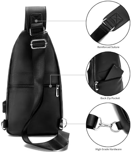 Seoky Rop Men Leather Sling Bag Purse Waterproof Crossbody Chest Bag Sling Backpack With USB Charging Port One Shoulder Bag Black