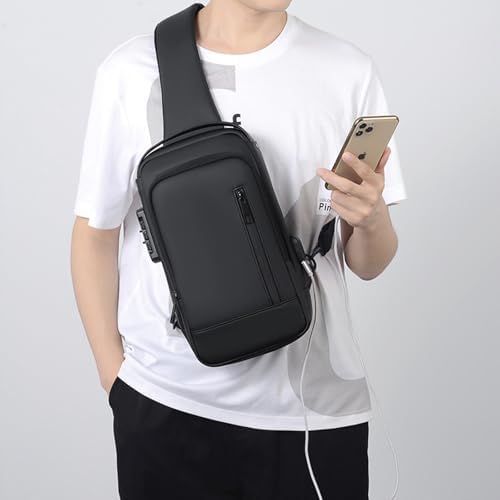 Sling Bag For Men Anti-theft Crossbody USB PU Leather Shoulder Bag Chest Bag For Daily Use Waterproof Lightweight One Strap Backpack Black