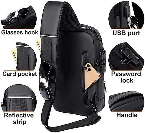 Sling Bag For Men Anti-theft Crossbody USB PU Leather Shoulder Bag Chest Bag For Daily Use Waterproof Lightweight One Strap Backpack Black