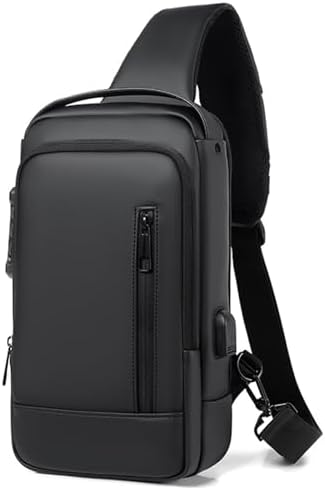 Sling Bag for Men Anti-theft Crossbody USB PU Leather Shoulder Bag Chest Bag for Daily use Waterproof Lightweight One Strap Backpack Black