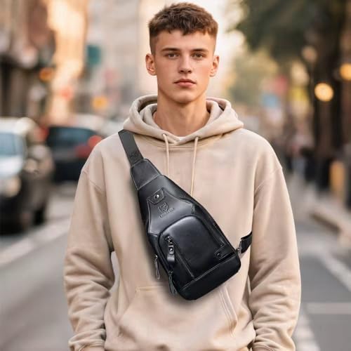 Sling Bag For Men Genuine Leather Chest Bag Crossbody Backpack Travel Hiking Outdoor Sports