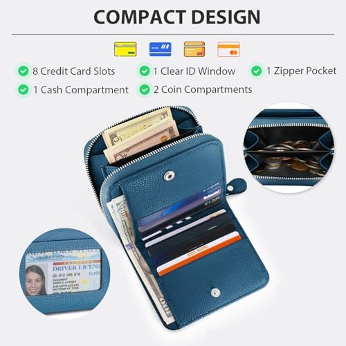 Small Wallet For Women Genuine Leather RFID Blocking Credit Card Holder Slim Compact Coin Purse Women's Wallets With ID Window 8 Card Slots